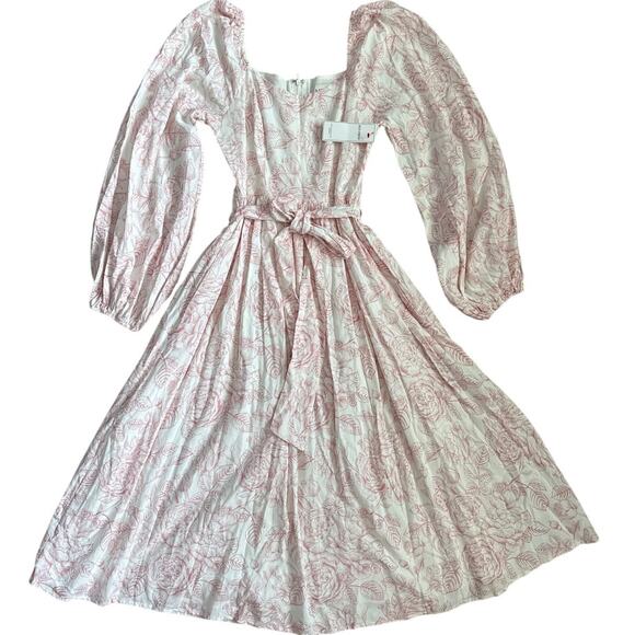 AURA Pink & White Floral Midi Cottage Dress with Sash Belt & Pockets Size Small‎ - Picture 1 of 12
